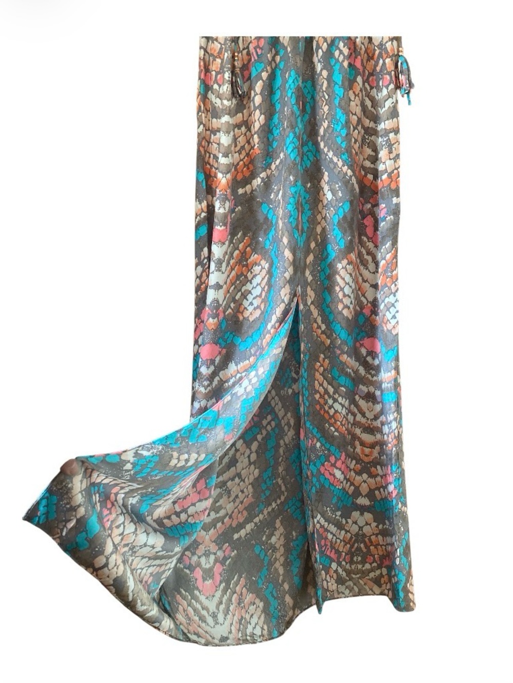 Alice & Trixie silk Coral Turquoise Miami Abstract Print Front Slit Maxi size L - Picture 6 of 14